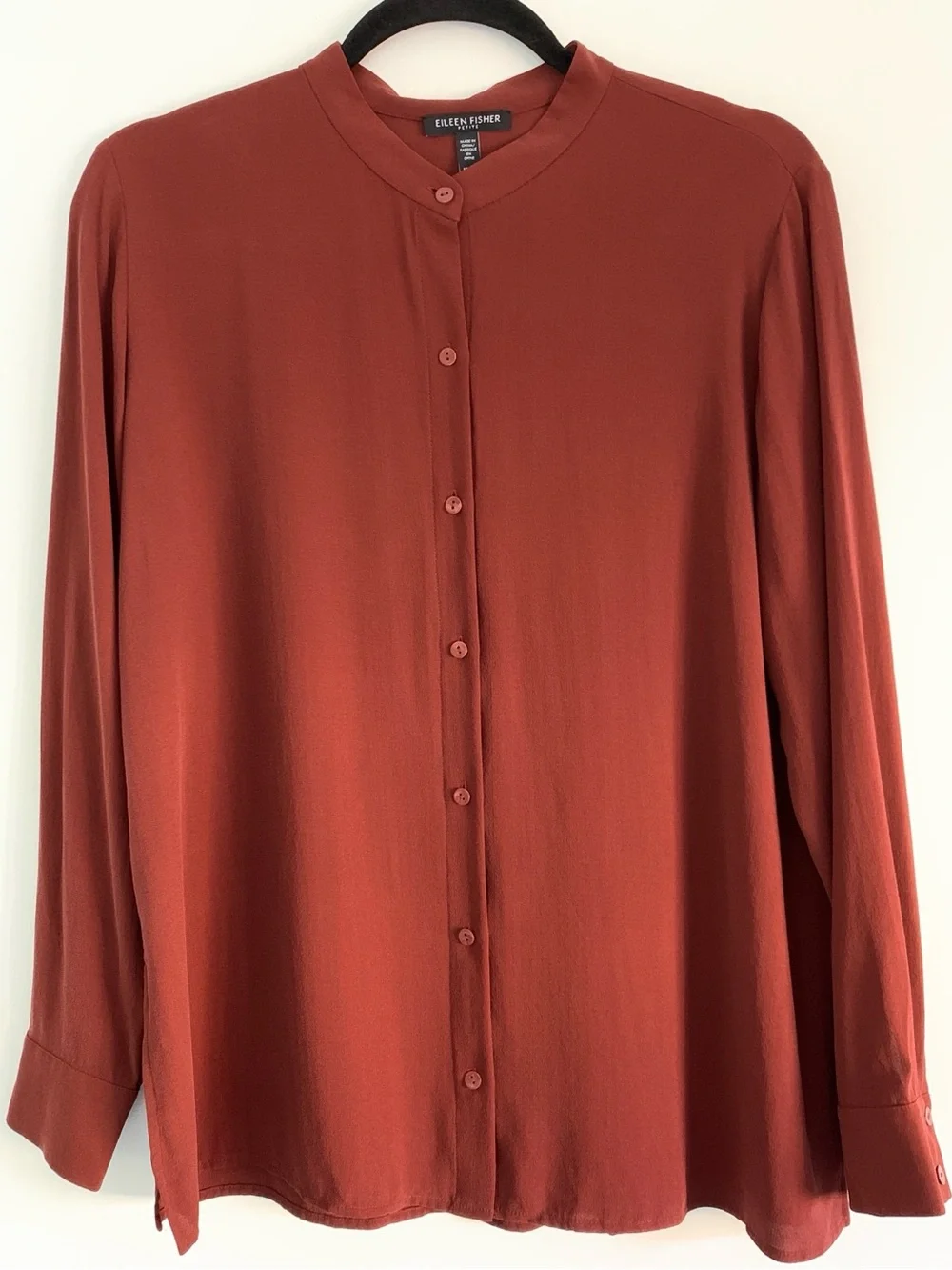 Eileen Fisher Band Collar Button Up Long Sleeve Silk Shirt